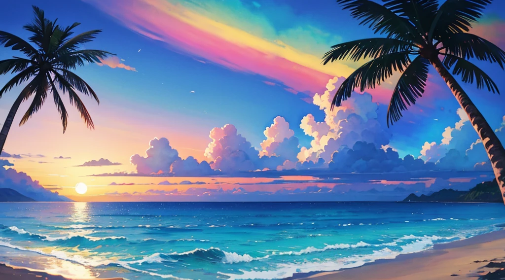 watercolor, rainbow sky, moon, beach, palm tree