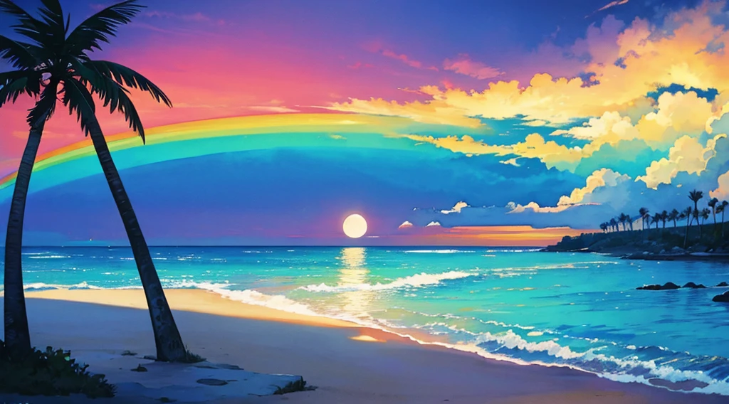 watercolor, rainbow sky, moon, beach, palm tree