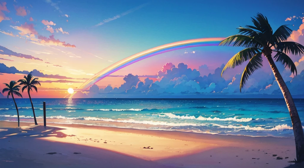watercolor, rainbow sky, moon, beach, palm tree