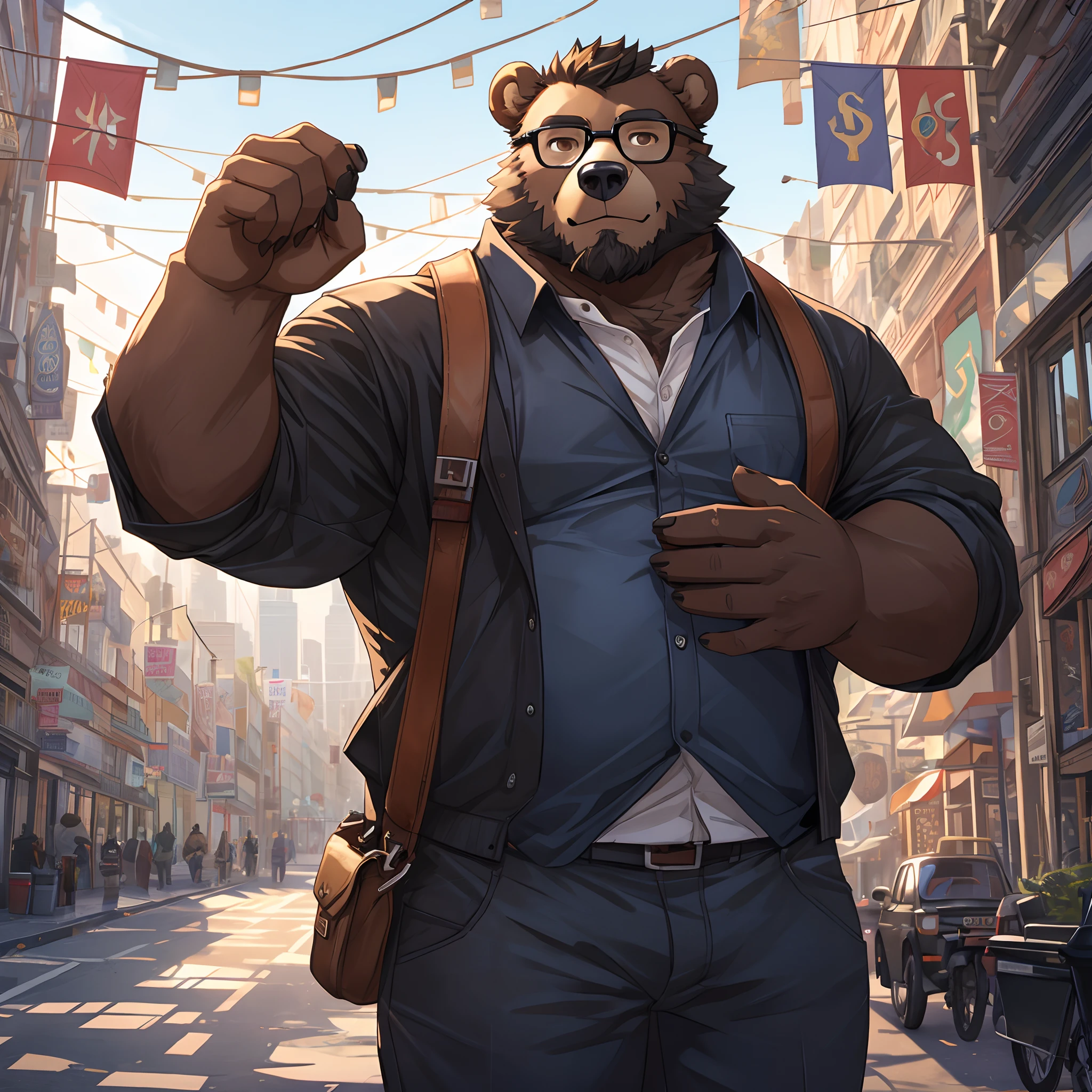 solo, anthro, bear, black beard, chubby, (cool posing:1.1025), casual outfit, brown eyes, hipster glasses, 5 fingers, daylight , big city background, 4k, high resolution, banner