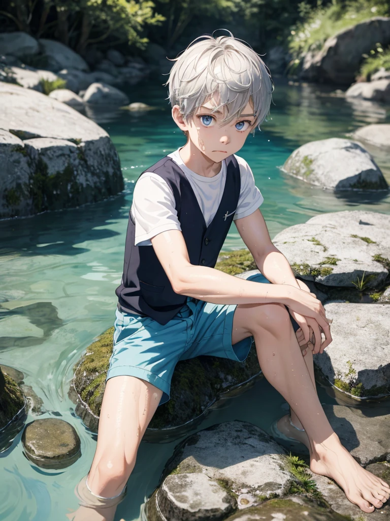 A little boy with white hair, shirtless upper body, wearing briefs, pool in the background, thin, no muscles, standing, emaciated, weak body, weak body, full body photo, calves, toes, completely naked