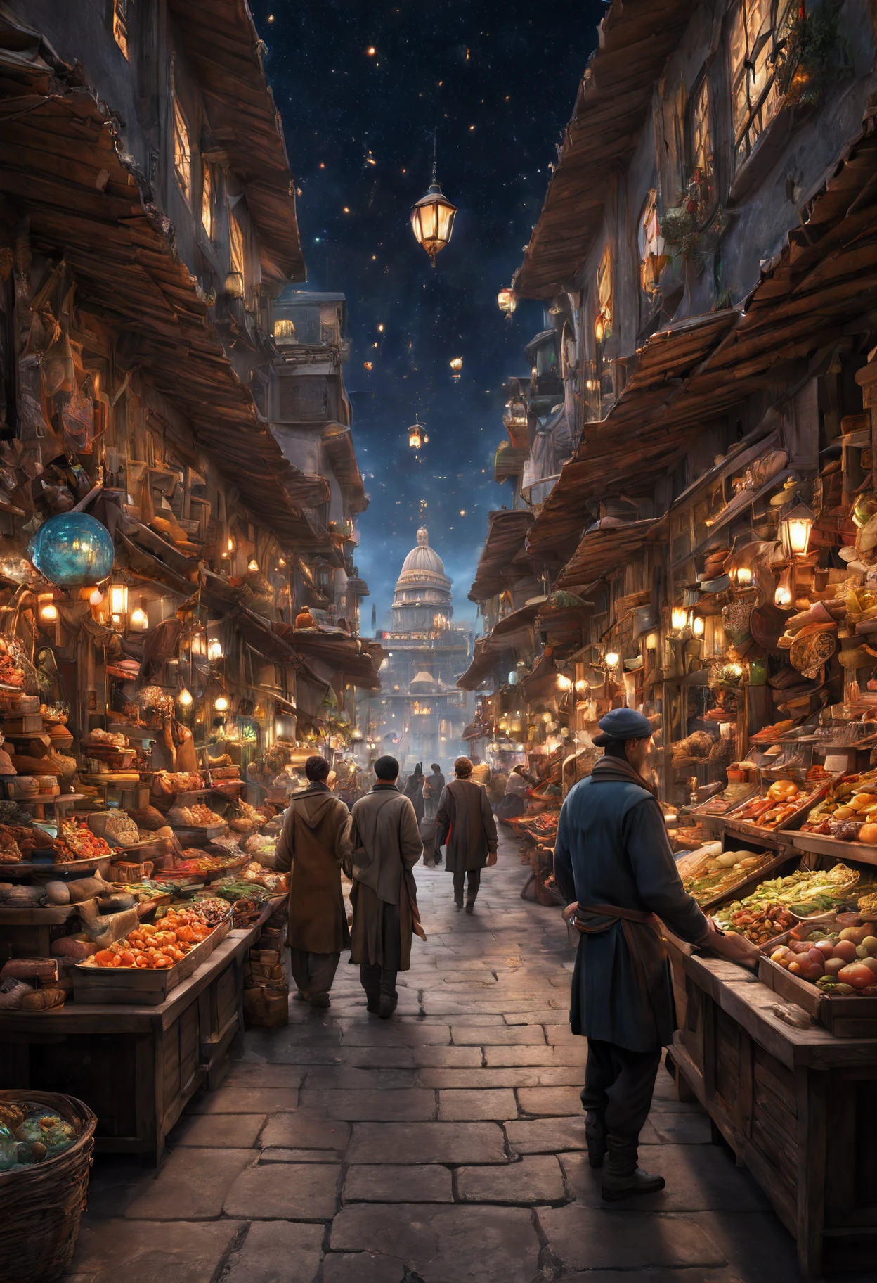 parallel universe, bazaar, marketplace scene, vendors, items, parallel universes, reality, imagination, intricate, masterpiece, best quality, highly detailed, sharp focus, dynamic lighting, vivid colors, texture detail, particle effects, storytelling elements, narrative flair, 16k, UE5, HDR, subject-background isolation