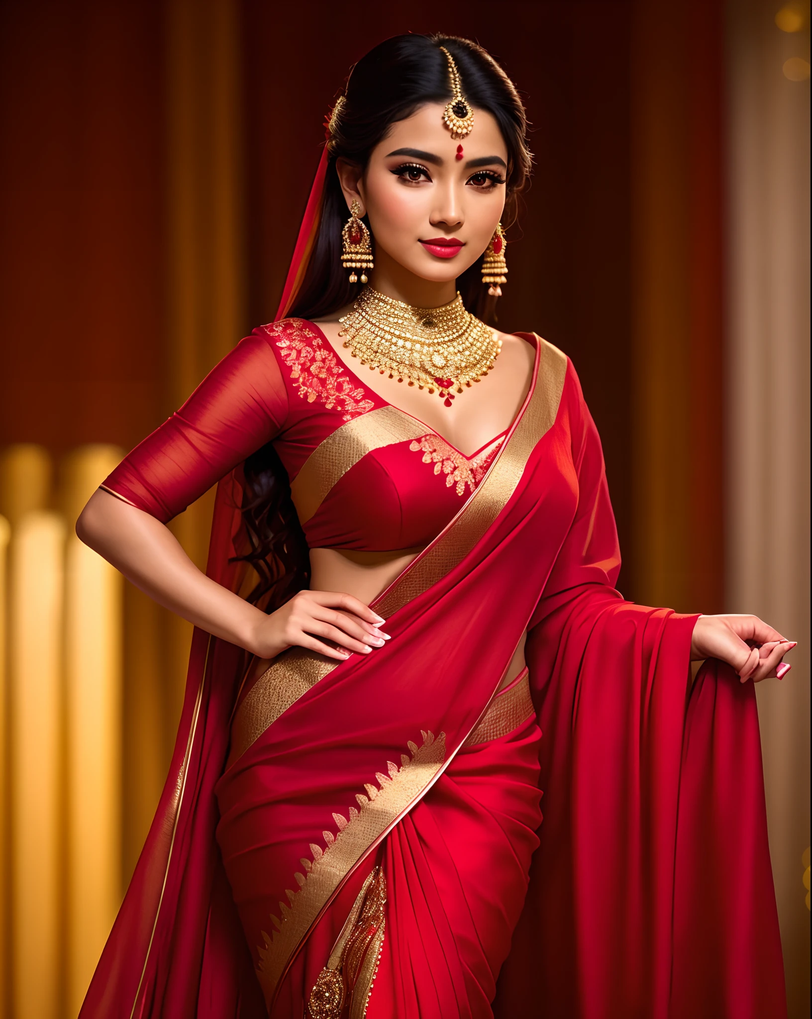professional model shoot photo, 24yo milf girl look like Delhi, India (highly detailed:1.1), red and yellow (saree), perfect eyes, sharp focus, 8k high definition, insanely detailed, intricate, elegant, flower and garden backgroung