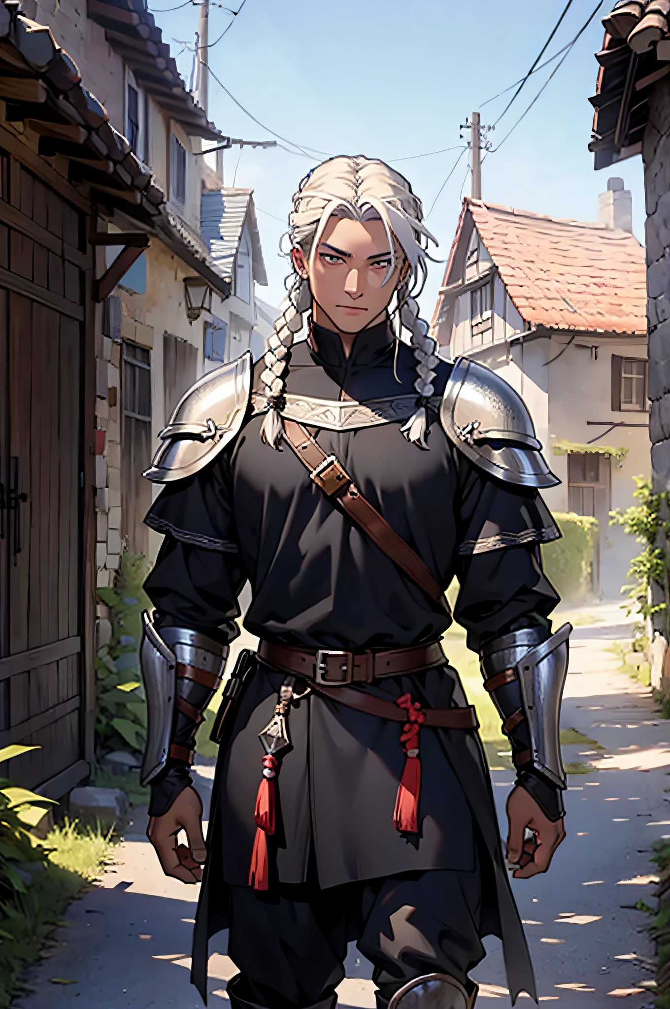 medieval, a black man, white braided hair, black light armor, in a village