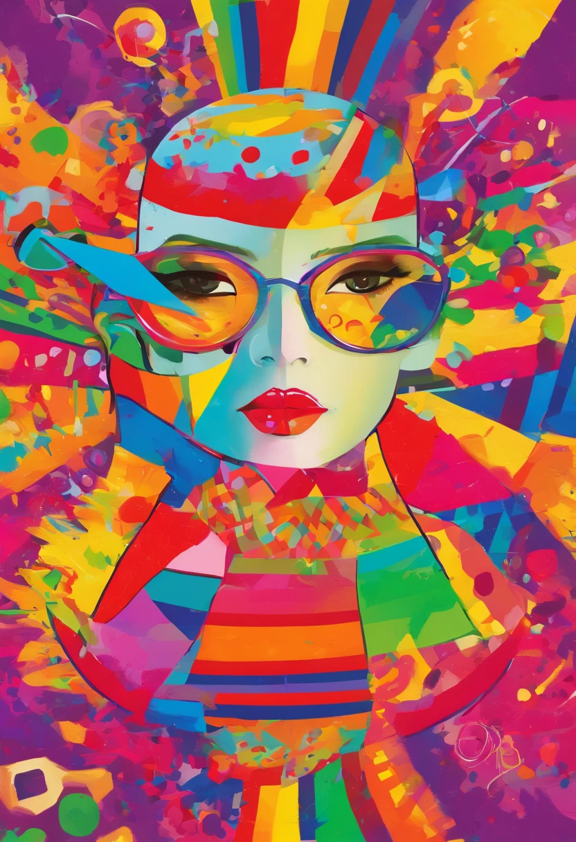 grafismo, diverse and playful geometric figures, Rainbow, romero britto, salvador dali, A domestic feline animal with sunglasses and DJ headphones and with thought running through his fingers and the confusion of memory ((fundo branco e preto)), face do gato, o rabo do gato, o microfone, o fone de ouvido, The sunglasses, contrastes exacerbados, olhos penetrantes, colorida e alegre, Dull and sad, Art Watercolor Painting Oil Paint, abstrato, epic instagram, art-station, toque de estilo splash de tinta colorida+, contorno, hiperdetalhado intricadamente detalhado, genial, detalhes intrincados, tela inicial, cores complementares, conceito realista abstrato romero britto de arte, 8K, obra-prima do deviantart, oil-painting, pinceladas pesadas, pingos de tinta, artes de salpicos.