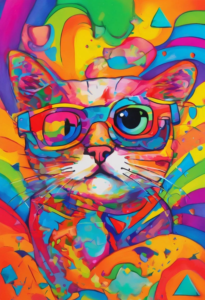 grafismo, diverse and playful geometric figures, Rainbow, romero britto, salvador dali, A domestic feline animal with sunglasses and DJ headphones and with thought running through his fingers and the confusion of memory ((fundo branco e preto)), face do gato, o rabo do gato, o microfone, o fone de ouvido, The sunglasses, contrastes exacerbados, olhos penetrantes, colorida e alegre, Dull and sad, Art Watercolor Painting Oil Paint, abstrato, epic instagram, art-station, toque de estilo splash de tinta colorida+, contorno, hiperdetalhado intricadamente detalhado, genial, detalhes intrincados, tela inicial, cores complementares, conceito realista abstrato romero britto de arte, 8K, obra-prima do deviantart, oil-painting, pinceladas pesadas, pingos de tinta, artes de salpicos.