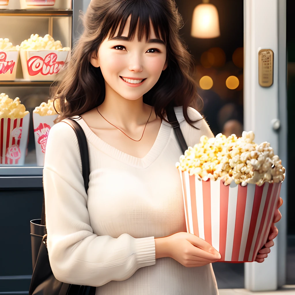 Woman holding popcorn bucket