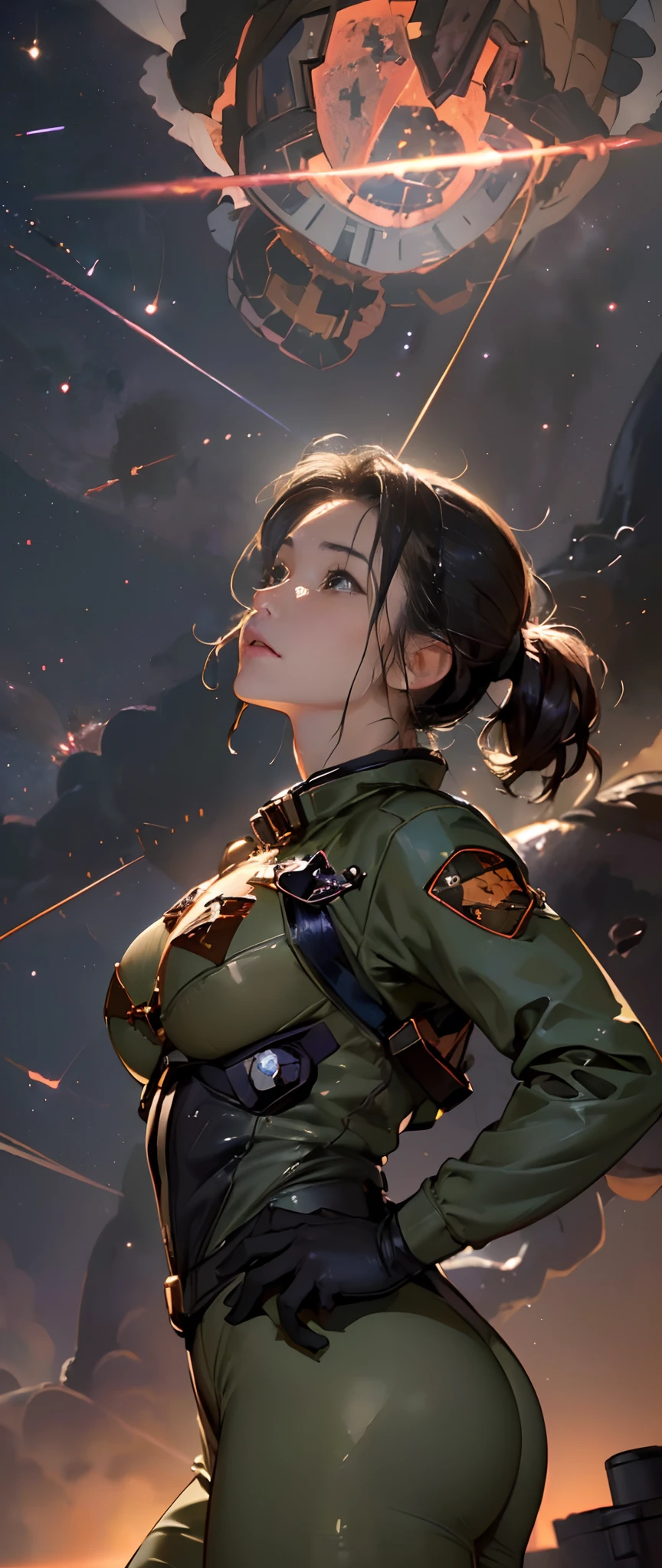 (masutepiece, top-quality, 8K), (1girl in, perfectly proportions, Beautiful face, Big ass:1.3), (Woman in an olive pilot suit looking up at the sky:1.3), (A huge meteorite rains down in the night sky:1.6), Wet body, Short-cut black hair, Have a helmet, The harness tightens the crotch, Contre-Jour,
