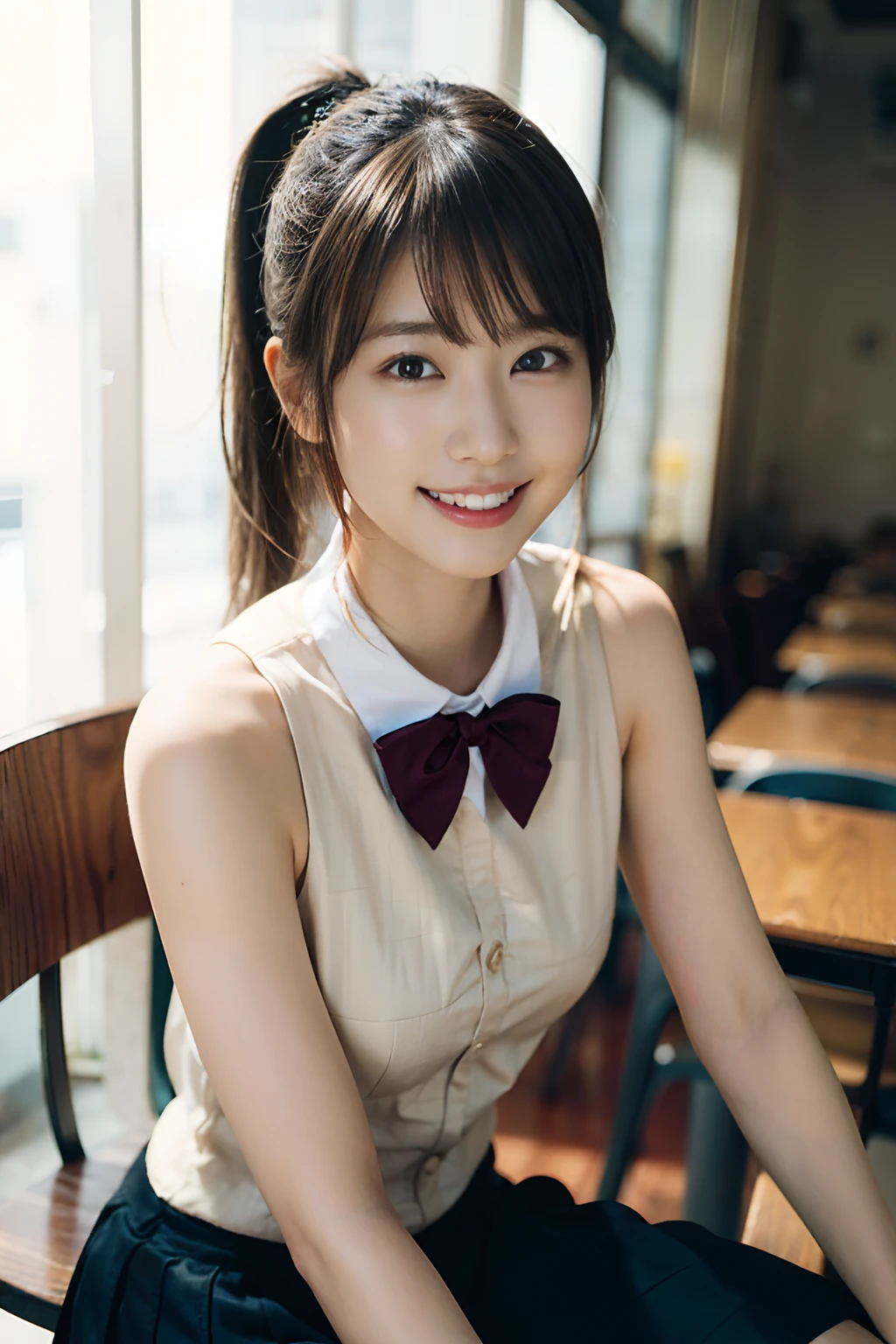 (8K、Raw photography、top-quality、masterpiece:1.2)、(realisitic、Photorealsitic:1.37)、ultra-detailliert、超A high resolution、女の子1人、see the beholder、beautifull detailed face、A smile、Constriction、(Slim waist) :1.3)、Beautiful detailed skin、Skin Texture、Straight hair、Professional Lighting、(Whole human body)、Short hair、a blond、hi-school girl、School Grounds、Small breasts、Bob Hair、Happy smile、perspiring、(Armpit)、red bowtie、(Sitting table:1.2)、(Facing the front)、(Spread legs:1.2)、(Low ponytail:1.1),Exposed ,(fullnude), Uncensored,