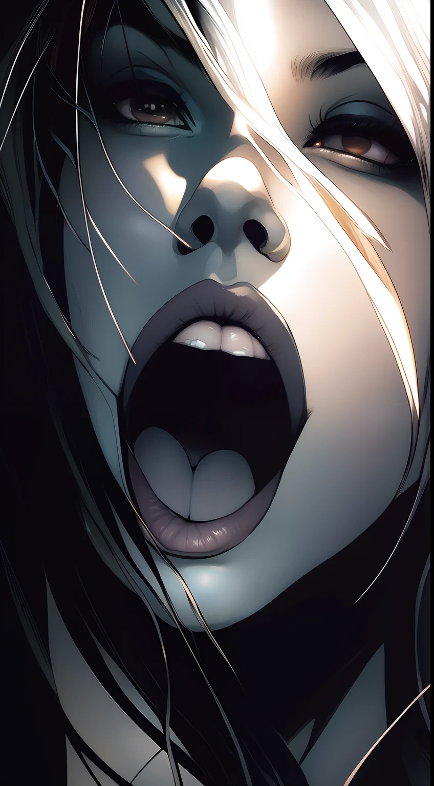 a close up of a woman with a mouth open and a black background, artgerm comic, artgerm detailed, beautiful comic art, closeup. mouth open, artgerm. high detail, by Ross Tran, ross tran!!!, artgerm greg rutkowski _ greg, mouth open, marvelous expression, chris moore. artgerm, trending artgerm