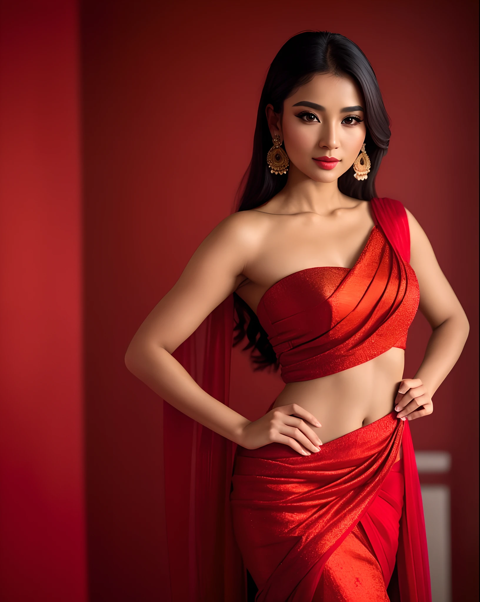 araffe woman in a red sari posing for a picture, in red background, glowing red, glamour pose, red hot, red and cinematic lighting, very seductive pose, by Natasha Tan, red clothes, by Emma Andijewska, stunning elegant pose, wearing red, sensuous, gold and red, wearing a red outfit, all red, glamorous pose, 500R, photorealistic, ultra high quality, Ultra-detailed face, fujifilm, kodak, nikon, canon