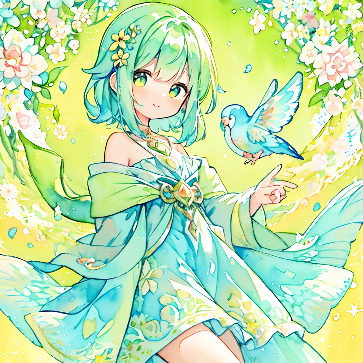 （Rippled parakeet、Fairy girl surrounded by Herelis flowers 、Beautiful feathers that sparkle on the back、The background is a world in a sparkling picture book、A smile）、1girl in、（PastelColors:1.2)、(Cute illustration:1.2)、(watercolor paiting:1.2)、Yellow-green background、