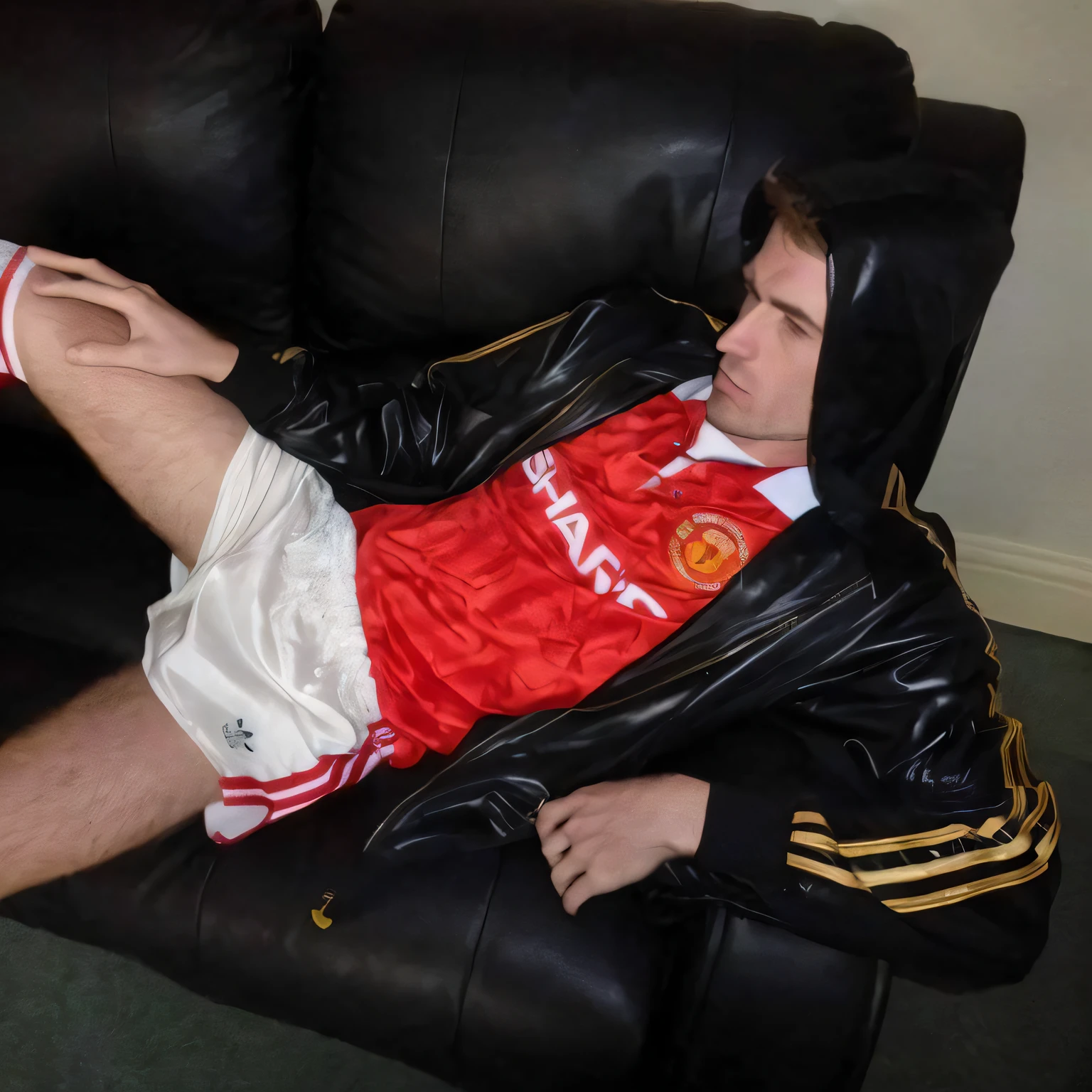 araffe man laying on a black leather couch with his feet up, wearing a tracksuit, relaxing after a hard day, inspired by John Keane, wearing adidas clothing, inspired by Thomas Scholes, in shorts, knees upturned, inspired by Lee Gatch, his clothes are torn and , worn out, his legs spread apart, wearing a hoody