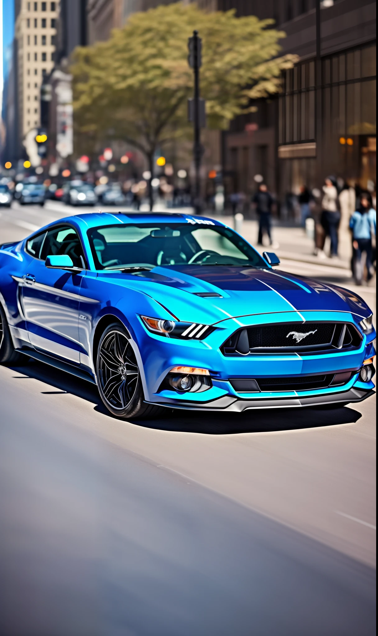 portrait of a Ford Mustang GT of dark blue color, in the 5th avenue in New York, people walking in the sidewalk, a nice day of sun, photorealistic, UHD, detailed, capture with Leica lens, ar9:16 --auto --s2