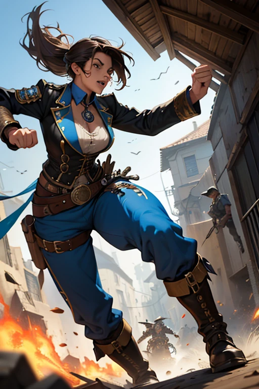 Arte em cores estilo Alex Horley, General Athletic Lined Woman Steampunk, trajando farda Azul, Dynamic shouting orders, Steampunk war scenario, Ultra HD images definition 3840x2160.