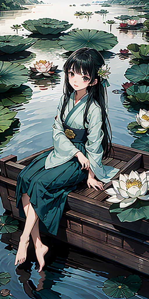 Masterpiece, Best Quality, Official Art, 8k Wallpaper, Very Detailed, Illustration, Outdoor Landscape at Night, Lotus Leaf, Lotus Flower, Little Moon, Little Attic, (1 Girl, Spread Hanfu Long Skirt, Sitting on a Small Boat, Drunken Expression, Black Hair, Long Hair, Detailed Eyes), BREAK, (Background: River Full of Lotus Leaves, Lots of Lotus Leaves: 1.3, Lots of Withering Lotus Flowers: 1.3, Clouds in the Sky), Lots of Lotus Leaves, Lots of Lotus Flowers, Lotus Flowers Withering