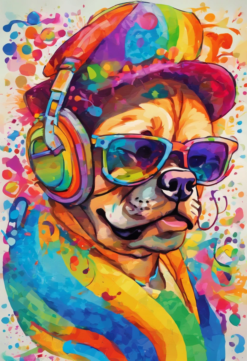 grafismo, diverse and playful geometric figures, Rainbow, romero britto, salvador dali, one dog, A domestic canine animal in sunglasses and DJ headphones and with the thought running through his fingers and the confusion of memory ((fundo branco e preto)), face do cachorro, o bigode do cachorro, o rabo do cachorro, o microfone, o fone de ouvido, The sunglasses, contrastes exacerbados, olhos penetrantes, colorida e alegre, Dull and sad, Art Watercolor Painting Oil Paint, abstrato, epic instagram, art-station, toque de estilo splash de tinta colorida+, contorno, hiperdetalhado intricadamente detalhado, genial, detalhes intrincados, tela inicial, cores complementares, conceito realista abstrato romero britto de arte, 8K, obra-prima do deviantart, oil-painting, pinceladas pesadas, pingos de tinta, artes de salpicos.