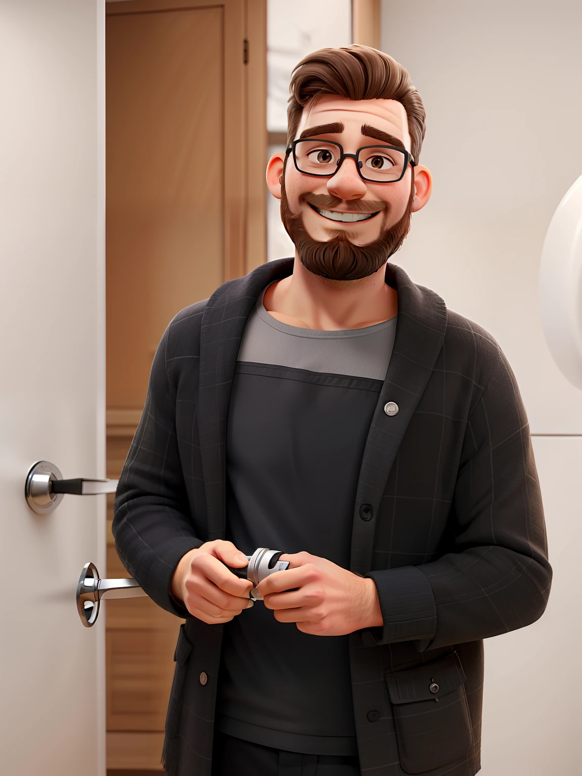 a white man, with a beard, smiling, hairdresser, with scissors and a silver Dayson dryer
