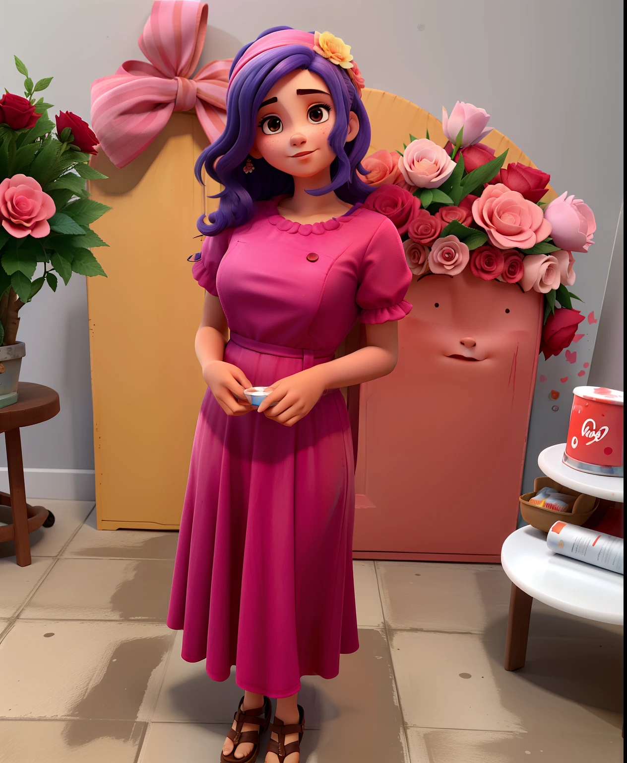 Uma linda jovem com cabelos cacheados em seu vestido rosa, She's getting a bucket of paint on her head, a tinta vermelha escorre por seu corpo, Her expression is frightened