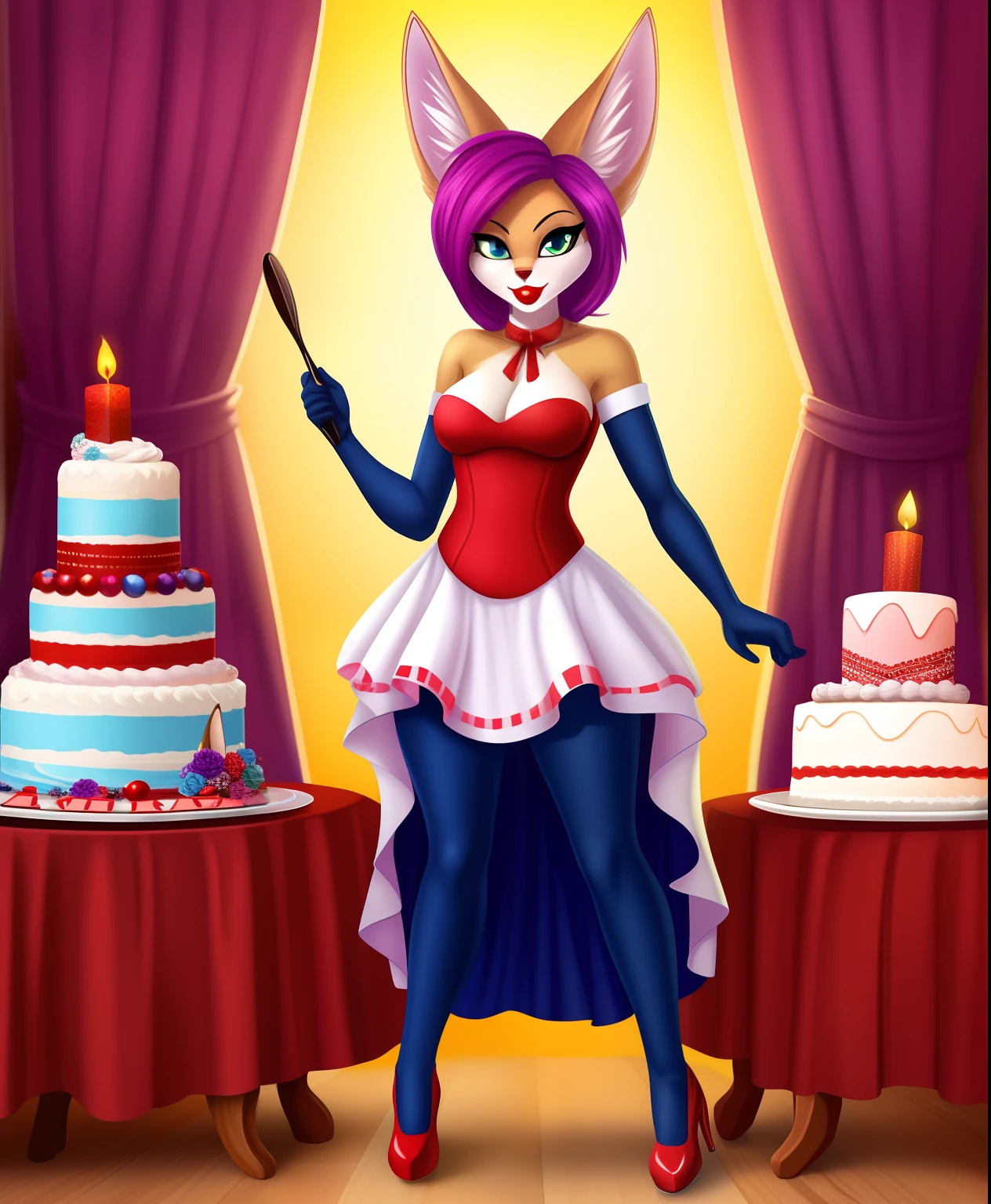 Ms. Sugar the female fennec supervillain, cake swirl dress, cake frosting themed hair, cake themed ladies shoes, red lipstick, full body view