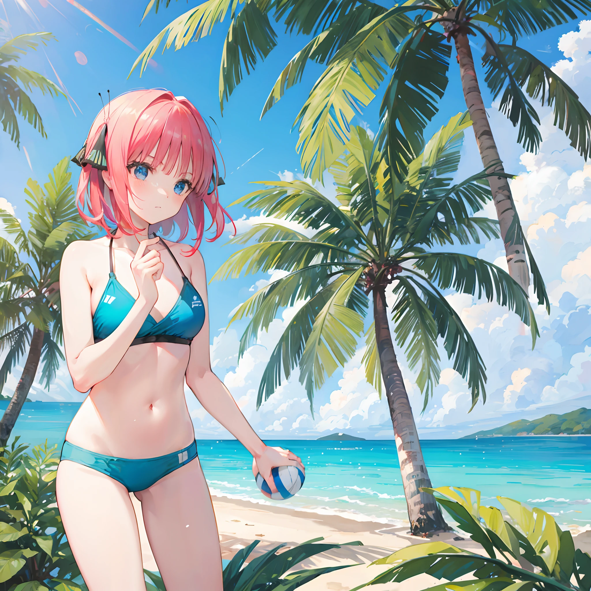 Sandy beach background, bikini, playing volleyball, coconut trees