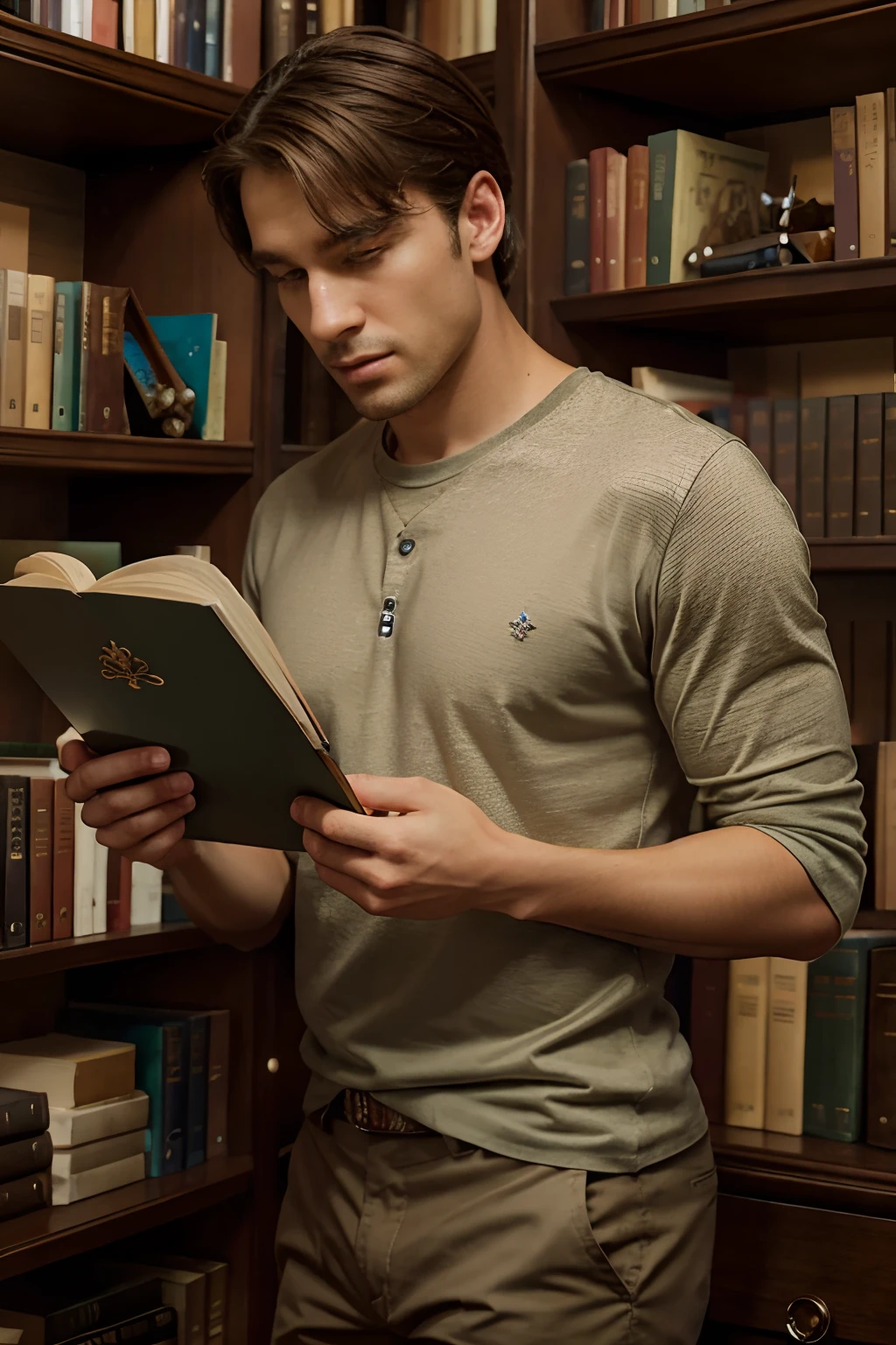 （Inside Enchanted, Mystical Library, A Handsome Man, Looking at a book, sexy, mysterious, man, Very beautiful, perfect face, perfect eyes,Looking at a book on the shelf, a—a figure dressed in a tee and a khaki pants, Very attractive, shimmering, glowing books, Magical, sparkling walls, Detailed details，depth of fields, looking at a book on the shelf