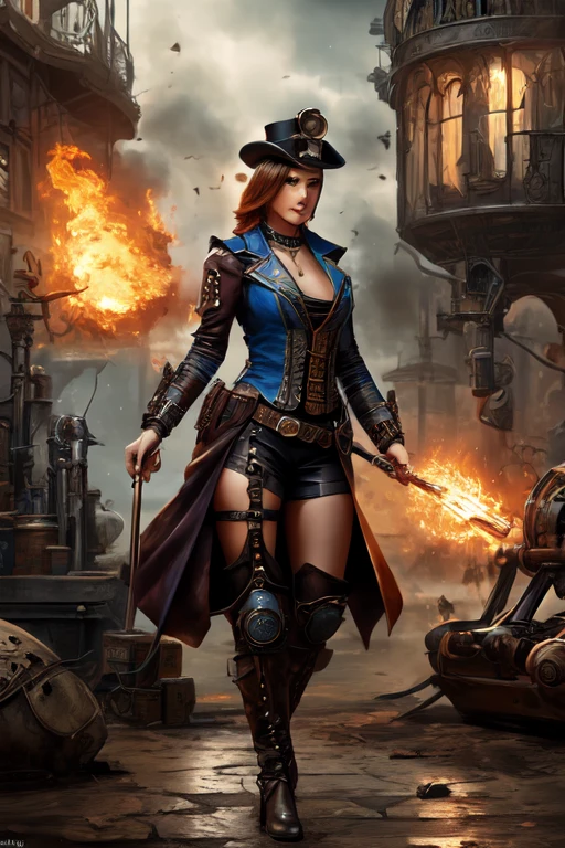 Arte em cores estilo Alex Horley, General Athletic Lined Woman Steampunk, trajando farda Azul, Dynamic shouting orders, Steampunk war scenario, Ultra HD images definition 3840x2160.