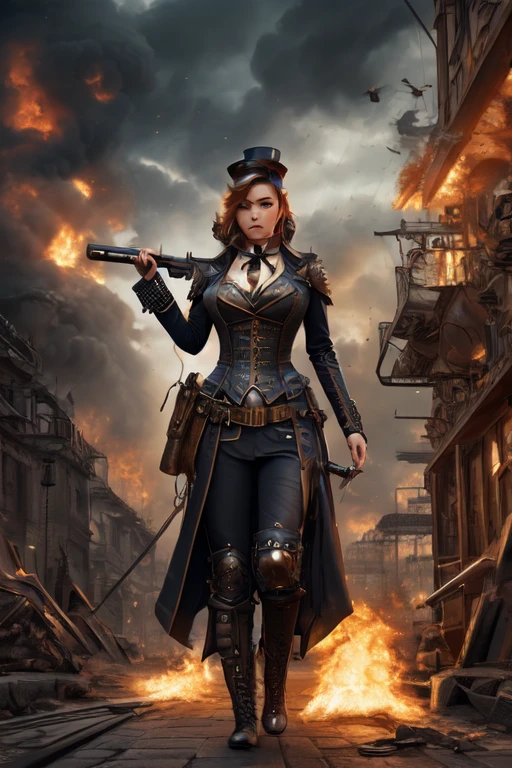 Arte em cores estilo Alex Horley, General Athletic Lined Woman Steampunk, trajando farda Azul, Dynamic shouting orders, Steampunk war scenario, Ultra HD images definition 3840x2160.