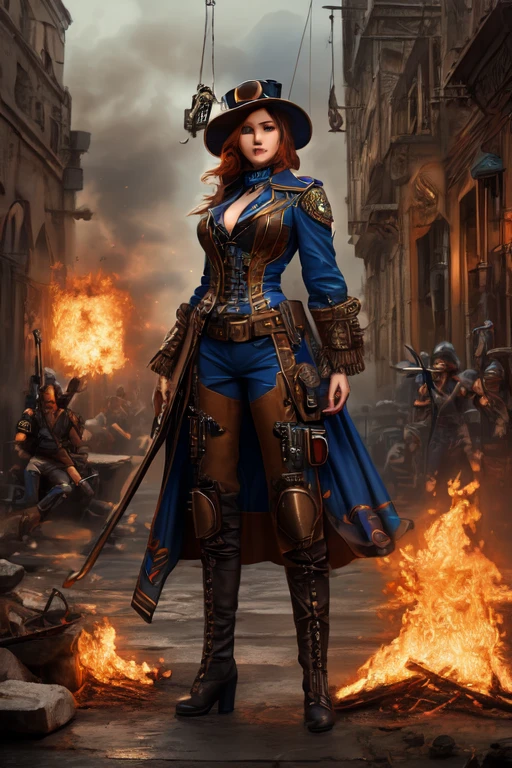 Arte em cores estilo Alex Horley, General Athletic Lined Woman Steampunk, trajando farda Azul, Dynamic shouting orders, Steampunk war scenario, Ultra HD images definition 3840x2160.
