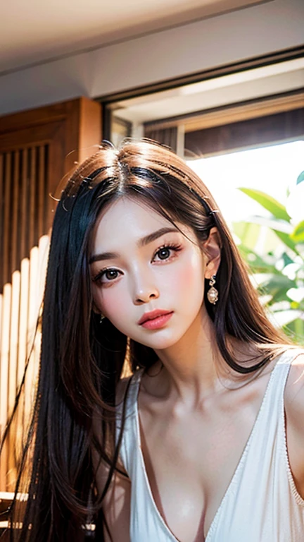beautiful girl, brown eyes, beautiful slim teenage girl 18 year old woman, blonde highlights hair, short ponytail, lips, realistic, narrow waist, charming, pink lipstick, colorful makeup, long eyelashes, fair skin, (cute), (detailed face), (large breasts:1.2), (white school shirt, black school miniskirt, cleavage)