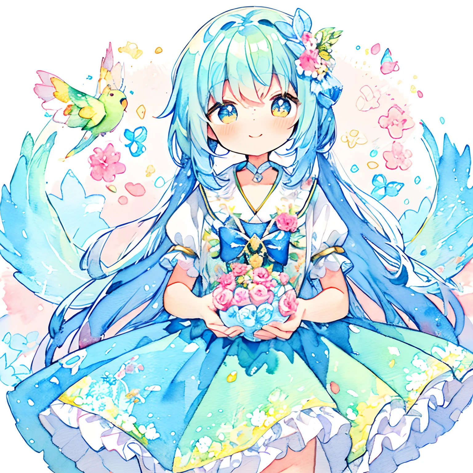 (parakeet、Fairy girl surrounded by Herelis flowers 、Beautiful feathers that sparkle on the back、The background is a world in a sparkling picture book、A smile)、1girl in、(PastelColors:1.2)、(Cute illustration:1.2)、(watercolor paiting:1.2)、Pale blue background、