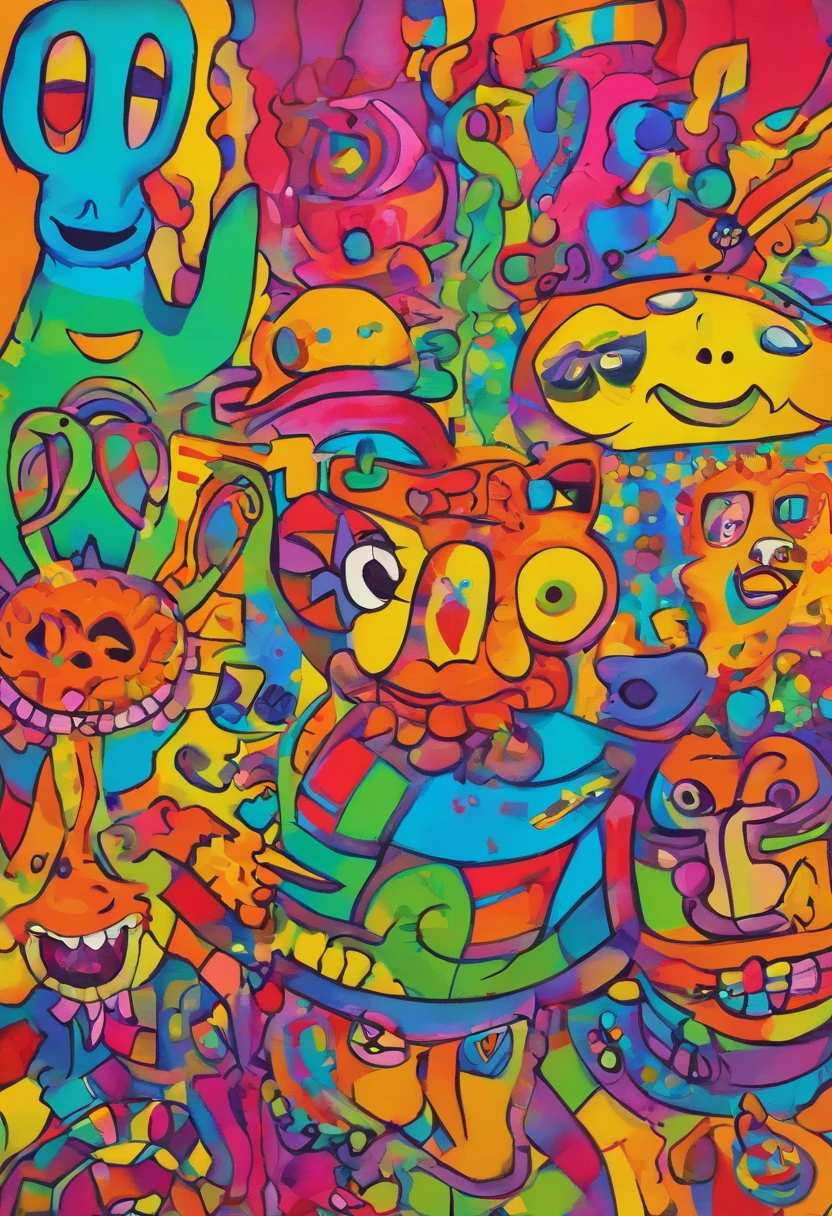 grafismo, diverse and playful geometric figures, Rainbow, romero britto, salvador dali, um burro, A domestic donkey pack animal with sunglasses and DJ headphones and with the thought running through his fingers and the confusion of memory ((fundo branco e preto)), face do asno feliz, as patas enormes do jegue, o focinho, os dentes grandes, o microfone, o fone de ouvido, The sunglasses, contrastes exacerbados, olhos penetrantes, colorida e alegre, Dull and sad, Art Watercolor Painting Oil Paint, abstrato, epic instagram, art-station, toque de estilo splash de tinta colorida+, contorno, hiperdetalhado intricadamente detalhado, genial, detalhes intrincados, tela inicial, cores complementares, conceito realista abstrato romero britto de arte, 8K, obra-prima do deviantart, oil-painting, pinceladas pesadas, pingos de tinta, artes de salpicos.