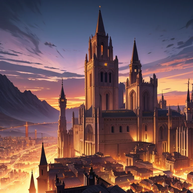 the city of Inalta rises majestically against the western sky, its tall towers with large bells heralding the end of another day. Establishing Shot (ES)