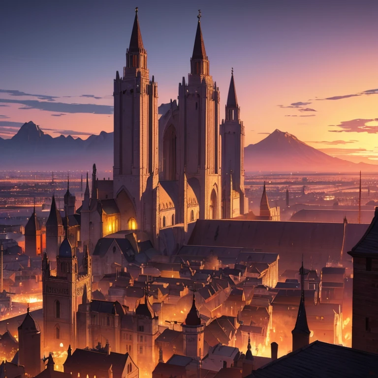 the city of Inalta rises majestically against the western sky, its tall towers with large bells heralding the end of another day. Establishing Shot (ES)