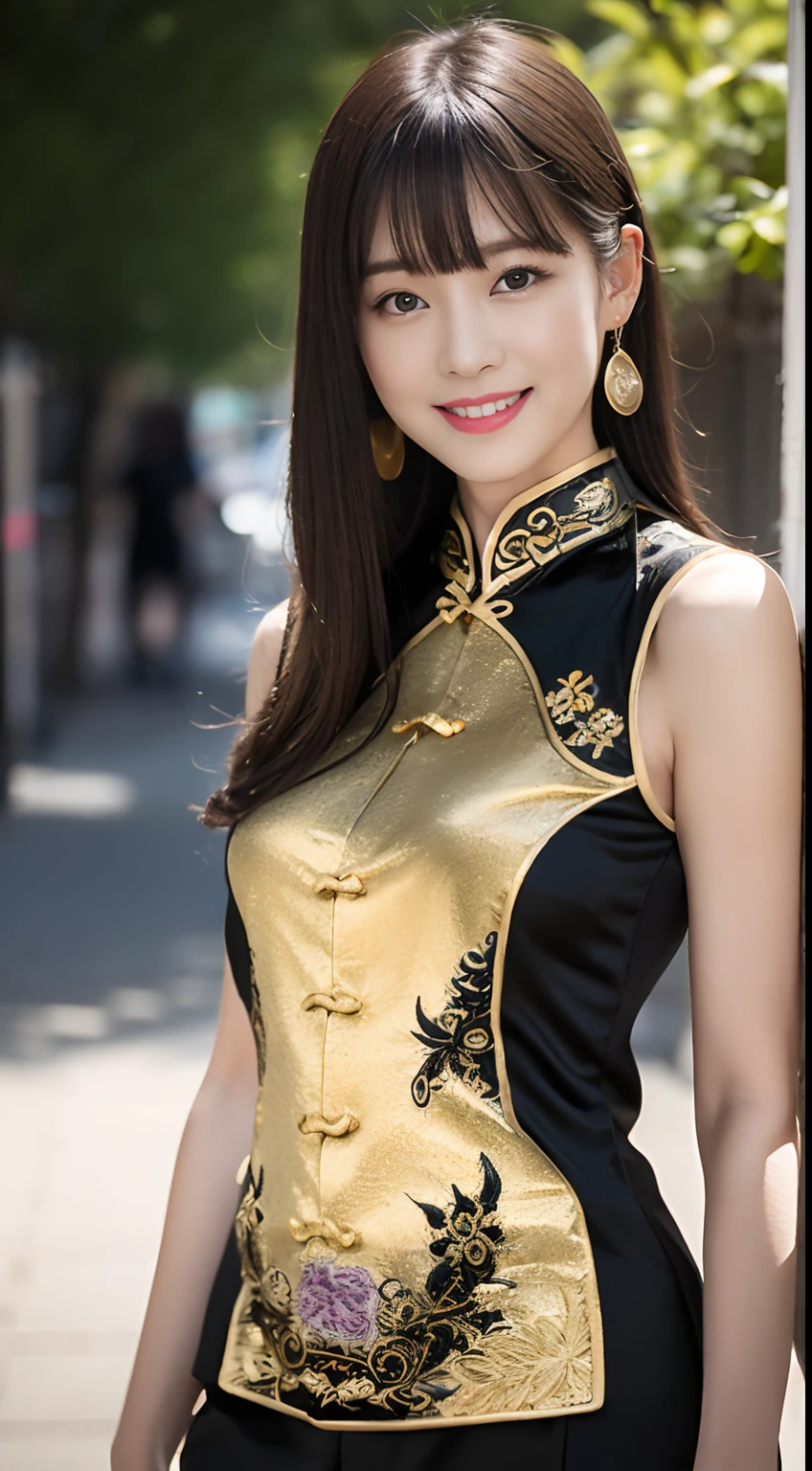 A close up of a woman in a black and gold outfit - SeaArt AI