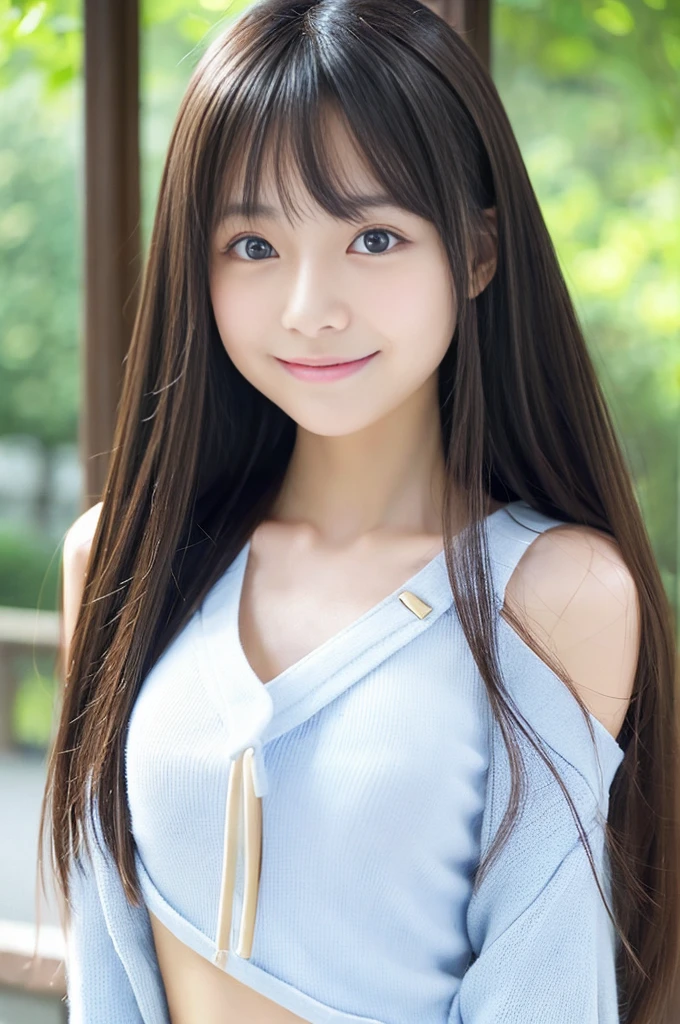 ((flat chest:1.3))、Generate real Japan girls. She has long hair and、、、、、、、Eyes are blue、slightly shiny. I want her to have nature, Healthy complexion and refreshing smile、White sweater、high-necked