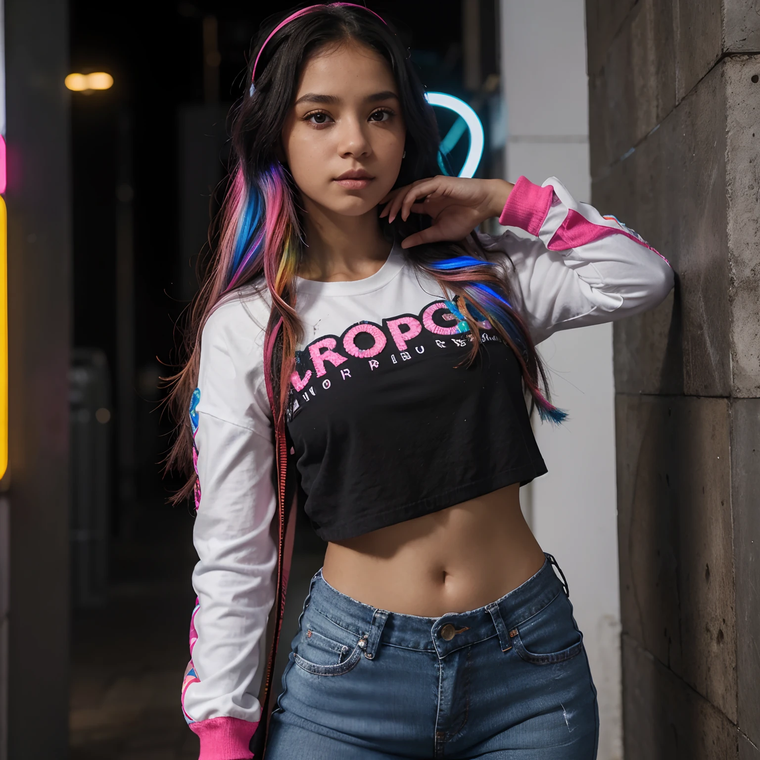 Menina morena cor de jambo,olhos arco iris ,cabelo cacheado branco , acessorio de mascara de led cor rosa neon,moletom rosa bebe ,top crooped preto , black jeans pants