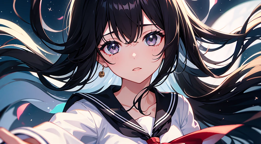 ephemeral girl, black hair, long hair, black eyes, sailor suit, night classroom