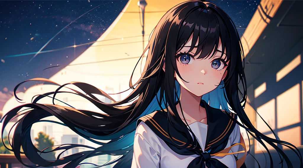 ephemeral girl, black hair, long hair, black eyes, sailor suit, night classroom