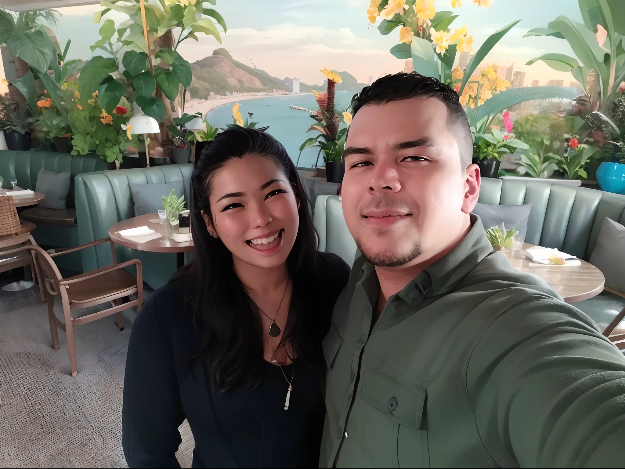 They are posing for a photo at a restaurant with a mural on the wall, imagem de perfil, Fotografia tirada em 2 0 2 0, foto de perfil, par, Tyler Edlin e Natasha Tan, Directed by: Jeka Kemp, Postagem no Reddit, Casal feliz, facebook post, taken in the early 2020s, Postagem 4k, 4 k post, standing in a restaurant