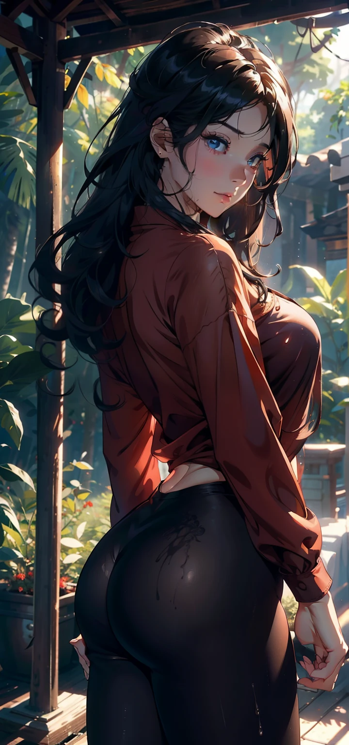 1female,25 age old,Large breasts,Pornographic exposure, 独奏,(Background with:ln the forest,the rainforest,in summer) with his long black hair,standing on your feet,Sweat profusely,drenched all over the body,seen from the front, curlies, mostly cloudy sky,(((tmasterpiece),(Very detailed CG unity 8K wallpaper),best qualtiy,cinmatic lighting,detailed back ground,beatiful detailed eyes,Bright pupils,(Very fine and beautiful),(Beautiful and detailed eye description),ultra - detailed,tmasterpiece,)),facing at camera,A high resolution,ultra - detailed),revealing breasts,Bare genitalia, Bulge,Camel toes,Raised sexy,Flushed complexion,Open-mouthed,frontage,warrior(Wearing:Red loose shirt,Pantyhose)nakeness,high-heels