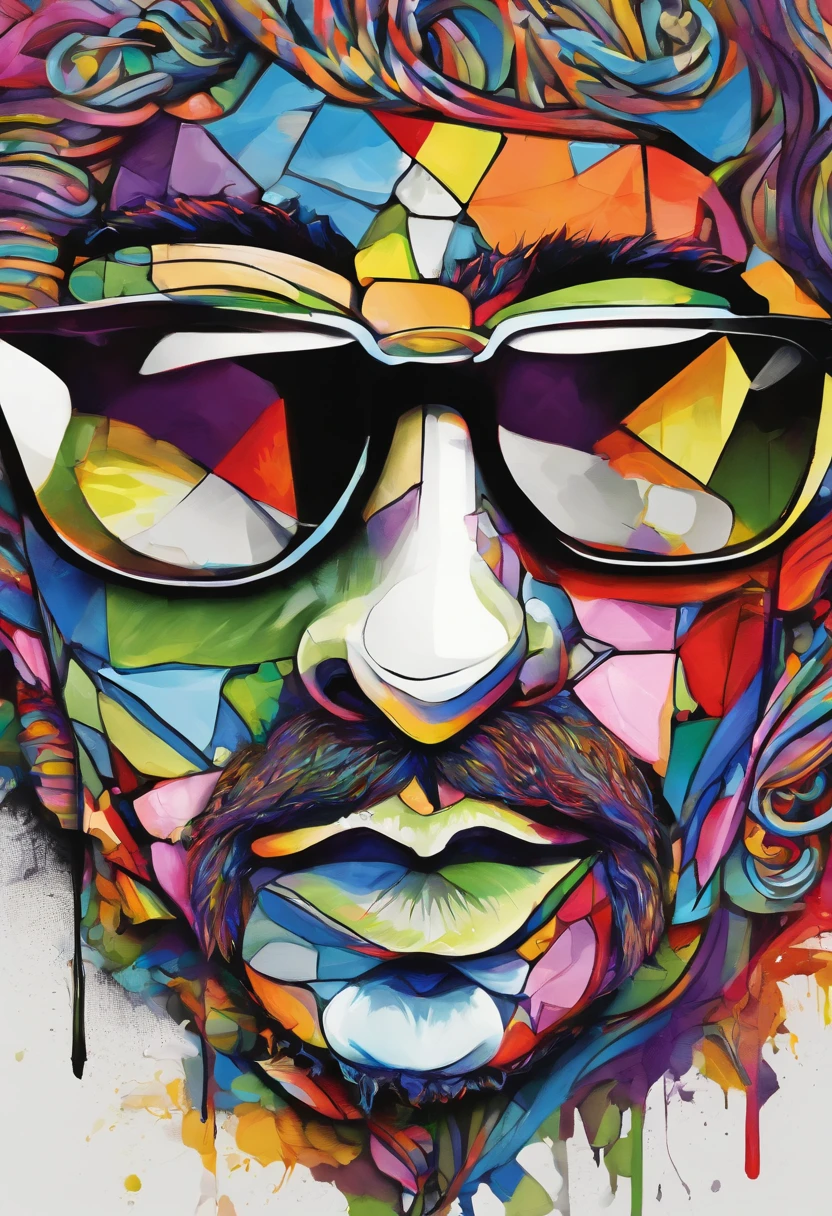 grafismo, diverse and playful geometric figures, Rainbow, romero britto, salvador dali, um burro, A domestic donkey pack animal with sunglasses and DJ headphones and with the thought running through his fingers and the confusion of memory ((fundo branco e preto)), face do asno feliz, as patas enormes do jegue, o focinho, os dentes grandes, o microfone, o fone de ouvido, The sunglasses, contrastes exacerbados, olhos penetrantes, colorida e alegre, Dull and sad, Art Watercolor Painting Oil Paint, abstrato, epic instagram, art-station, toque de estilo splash de tinta colorida+, contorno, hiperdetalhado intricadamente detalhado, genial, detalhes intrincados, tela inicial, cores complementares, conceito realista abstrato romero britto de arte, 8K, obra-prima do deviantart, oil-painting, pinceladas pesadas, pingos de tinta, artes de salpicos.