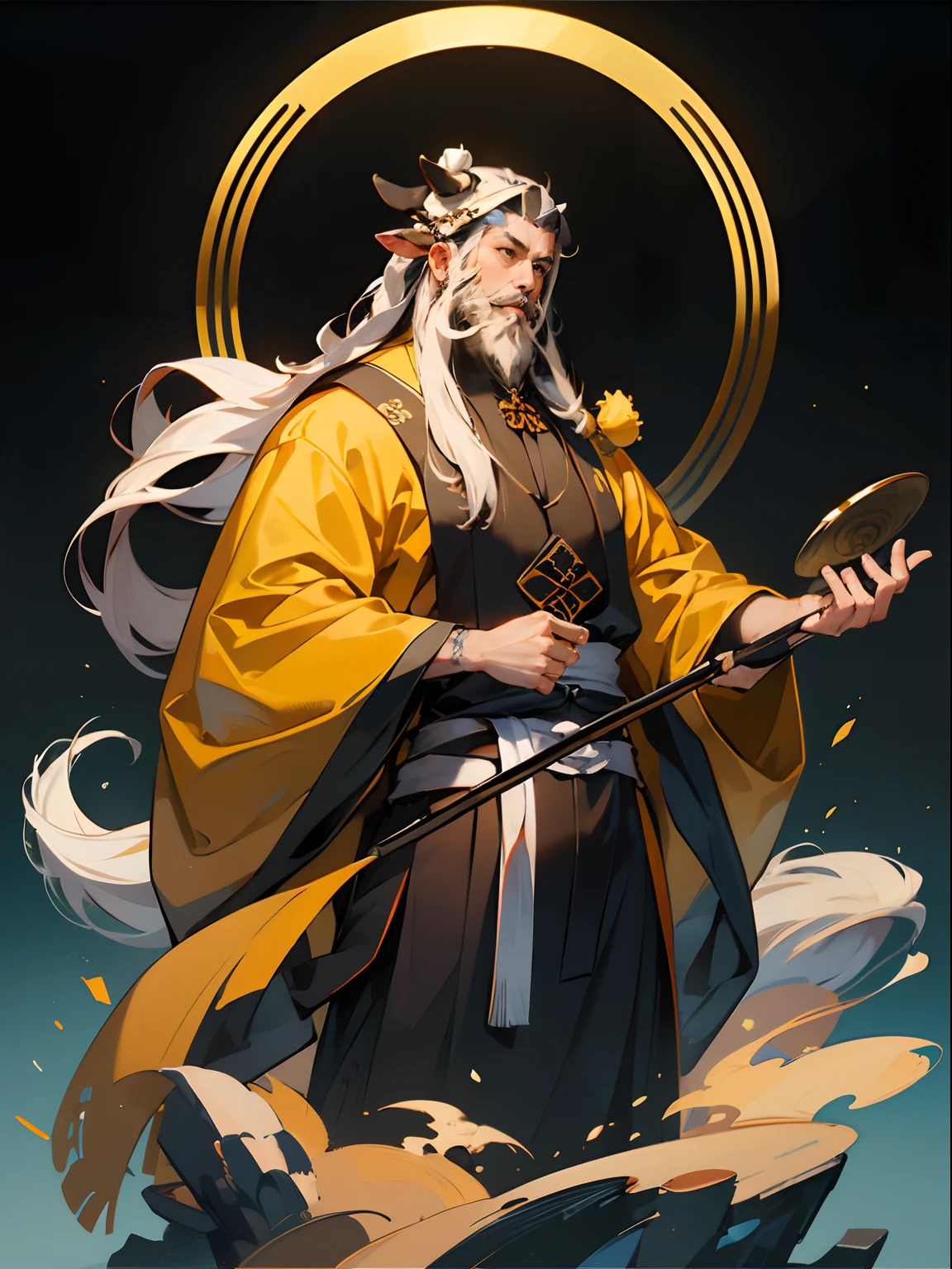 8K分辨率、((top-quality))、((tmasterpiece))、((ultra - detailed)),male people,yellow taoist robe,((Very long beard:1.5)),Ancient Chinese Taoism,((Cow nose grab bun)),((Taoist)),Waist hanging,With a sword at his waist,One hand behind the back,The other hand holds the beard,Crane,独奏,