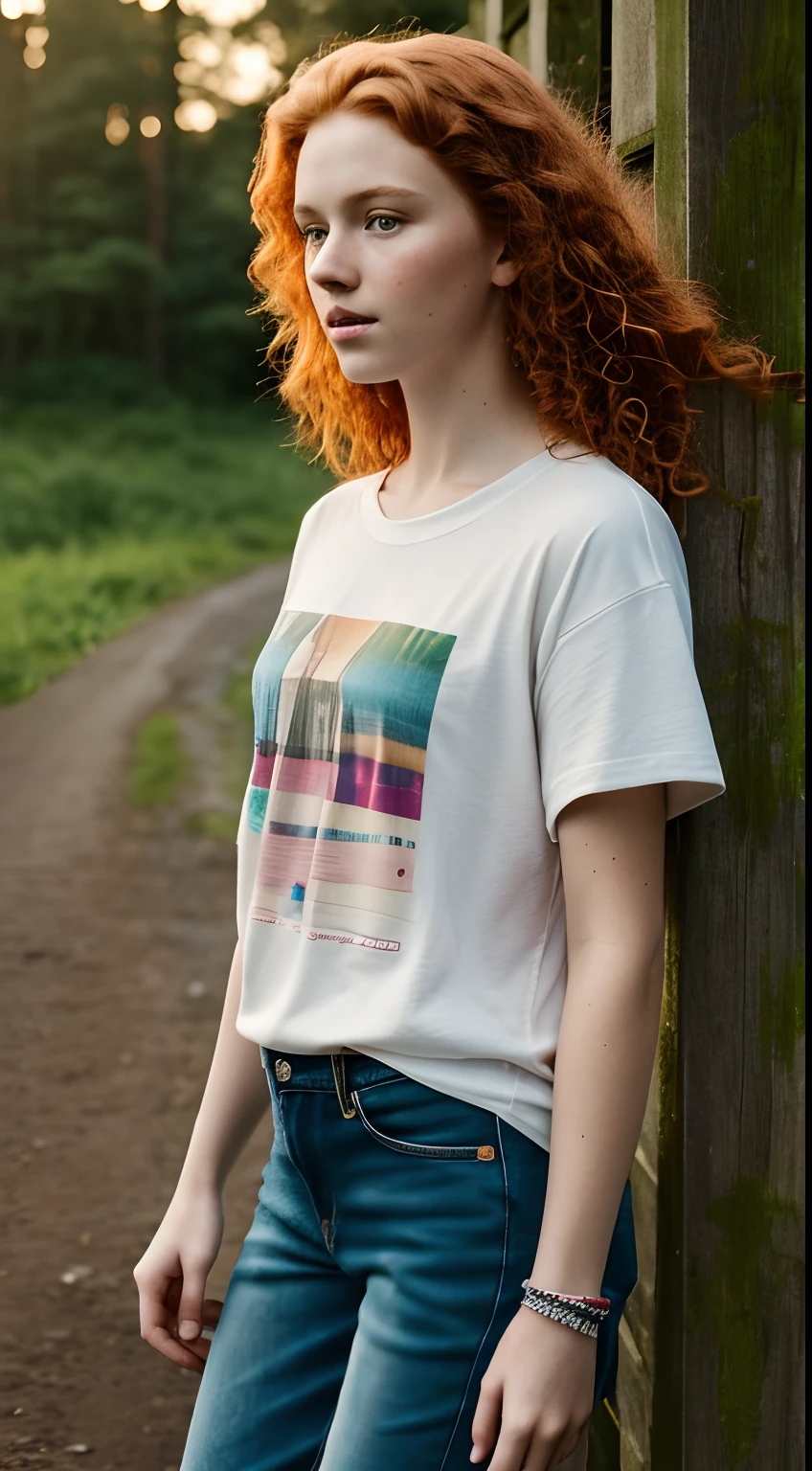 1girl in, age13, Solo, Aesthetic artwork, irish redhead, wavy ginger hair, shoulder length ginger hair, some small freckles, pale skin, small breasts, runners body, fullbody shot, imperfect skin, goosebumps, ripped jeans, colorful t-shirt, bracelets, beautiful nature location, around flower location, (extremely detailed 8k wallpaper), soft lighting, high quality, film grain, Fujifilm XT3 sharp focus, f 5.6, 50mm, High Detail, Sharp focus,(natural light), (seductive), Realistic, ultra realistic, photo realistic, crazy details, complex details, hyper detailed,