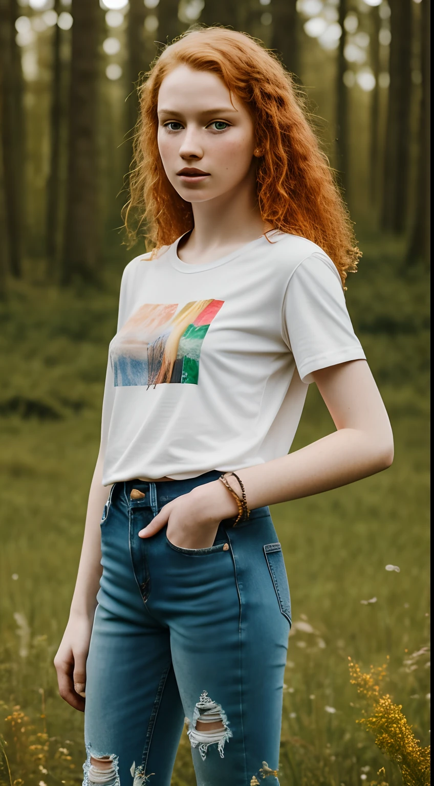 1girl in, age13, Solo, Aesthetic artwork, irish  redhead, wavy ginger hair, shoulder length ginger hair, some small freckles, pale skin, small breasts, runners body, fullbody shot, imperfect skin, goosebumps, ripped jeans, colorful t-shirt, bracelets, beautiful nature location, around flower location, (extremely detailed 8k wallpaper), soft lighting, high quality, film grain, Fujifilm XT3 sharp focus, f 5.6, 50mm, High Detail, Sharp focus,(natural light), (seductive), Realistic, ultra realistic, photo realistic, crazy details, complex details, hyper detailed,