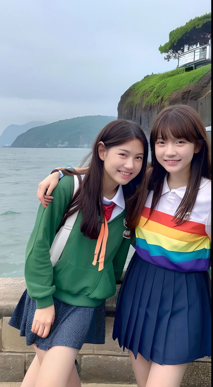 1 Best Quality,girl with, rainbow, Beautiful female image,full bodyesbian,fullbody image,High School Students in Government、Smiling and looking at you,Sea Bench,fullbody image,The beach after the rain