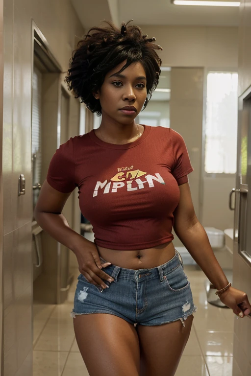 picture of a gorgeous [black] woman with a big ass, walking out of a bathroom, (afro haircut), kesha, (lip filler), looking over her shoulder, (angry facial expression), smile, upset facial expression, [petite], (gorgeous face), droopy boobs, wearing very short jean shorts and a red t-shirt, [dramatic cinematic lighting]