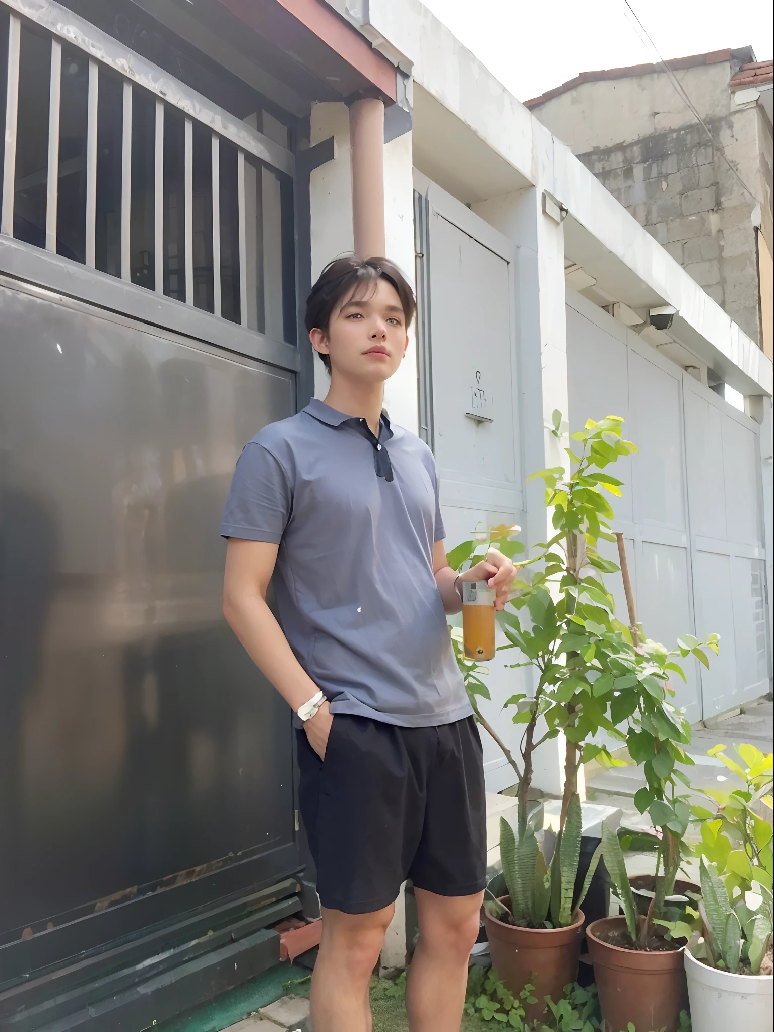 1boy, short black hair, black eyes, smiling lips, wearing an orange polo shirt, brown shorts, white shoes, and a dark blue backpack, highly detailed,high budget,masterpiece,best quality,perfect ???????,very aesthetic,8k,