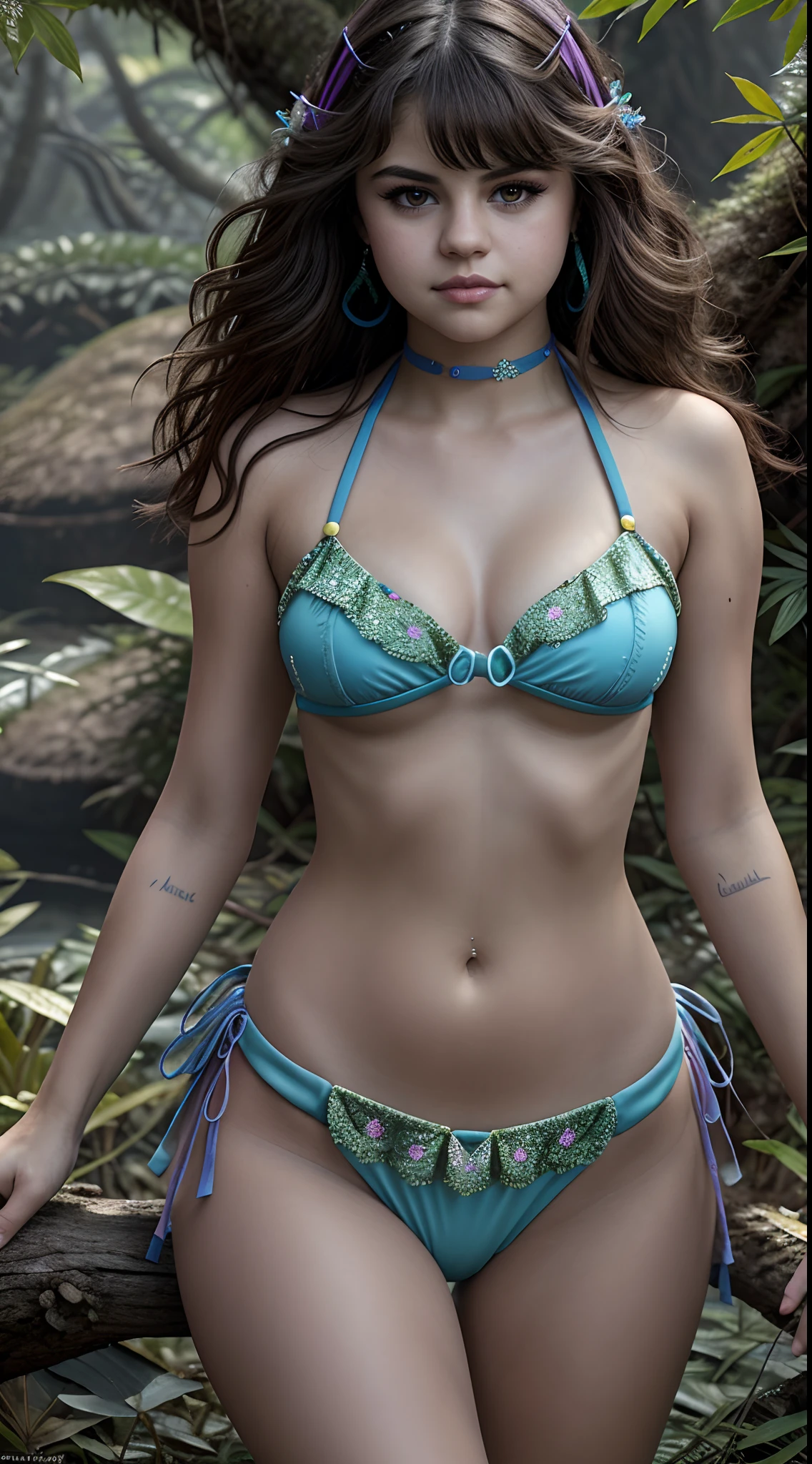 crear (Selena Gomez) in Full Body Photography of the World's Most Beautiful Works of Art, Una hermosa mujer con intrincados trajes ardiendo en la selva, Colores del arco iris, Artstation, CGSociety, complejo, High detail, Enfoque claro, dramatic, realistic trends in pictorial art Greg Rutkovsky, delirar, Festival de Trance, Trance, music festival, psycho, psicodelic. Capturado desde el suelo,(Alice in Wonderland bikini:1.4), (fondo selva hojas grandes:1.4) ,, More detailed 8K.motor irreal:1.4,UHD,La mejor calidad:1.4, fotorrealista:1.4, textura de la piel:1.4, obra maestra:1.8,obra-prima, mejor calidad,objeto Objeto], (detailed face features:1.3),Disney pixar, (medias largas White:1.4)