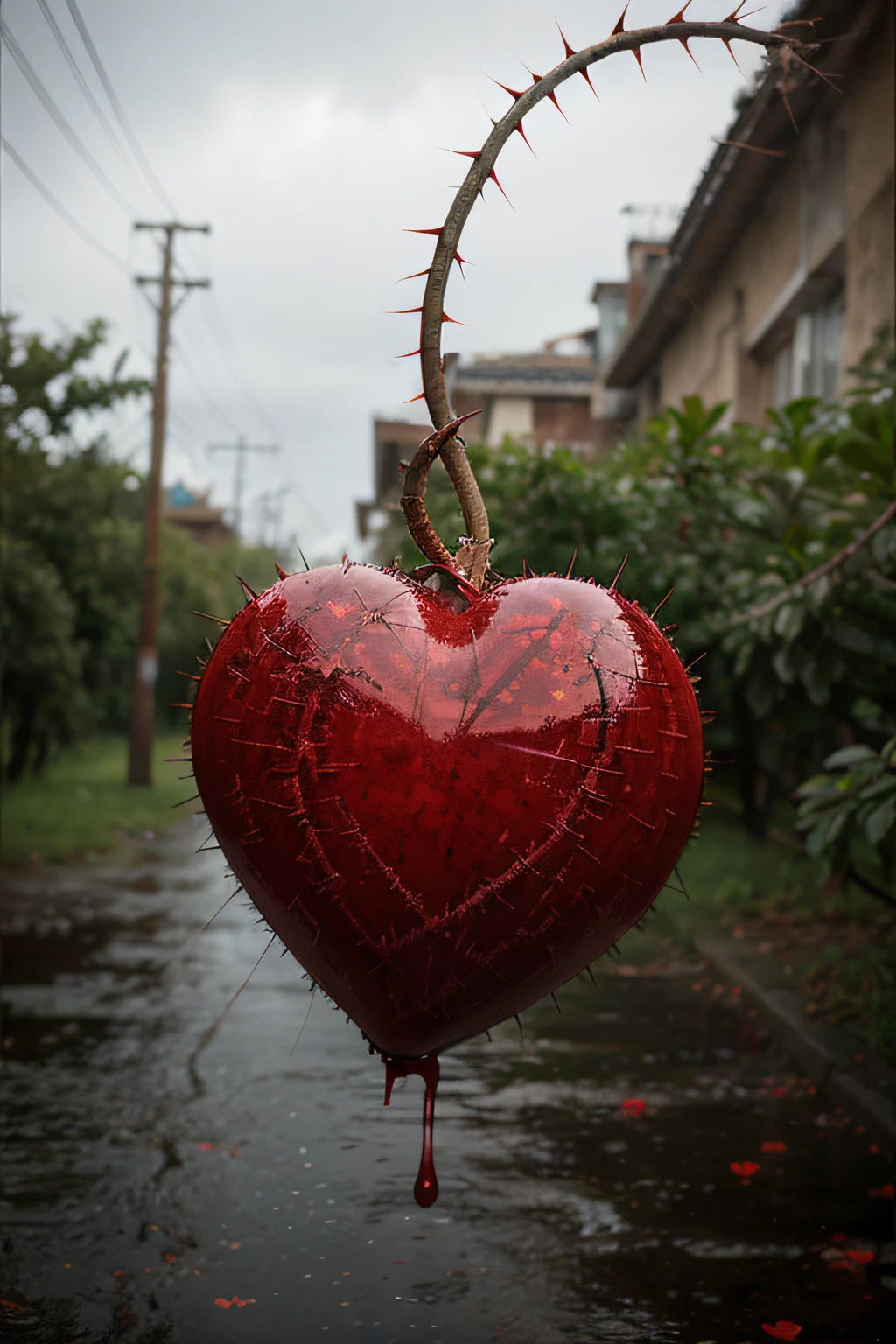 Red heart with blood flowing, Realstic, image en hd, traits net, Entire Element in View, sombre, goutte de pluie, thorns around the heart